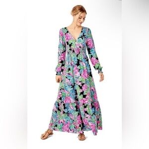 Lilly Pulitzer Mistral Maxi Dress Onyx Jaguar Jungle Zoo Floral Smock Waist S